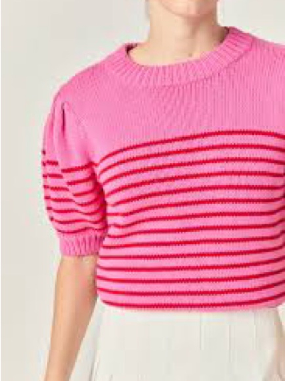 English Factory Hot Pink & Red Striped Puff Sleeve Crew Sweater
